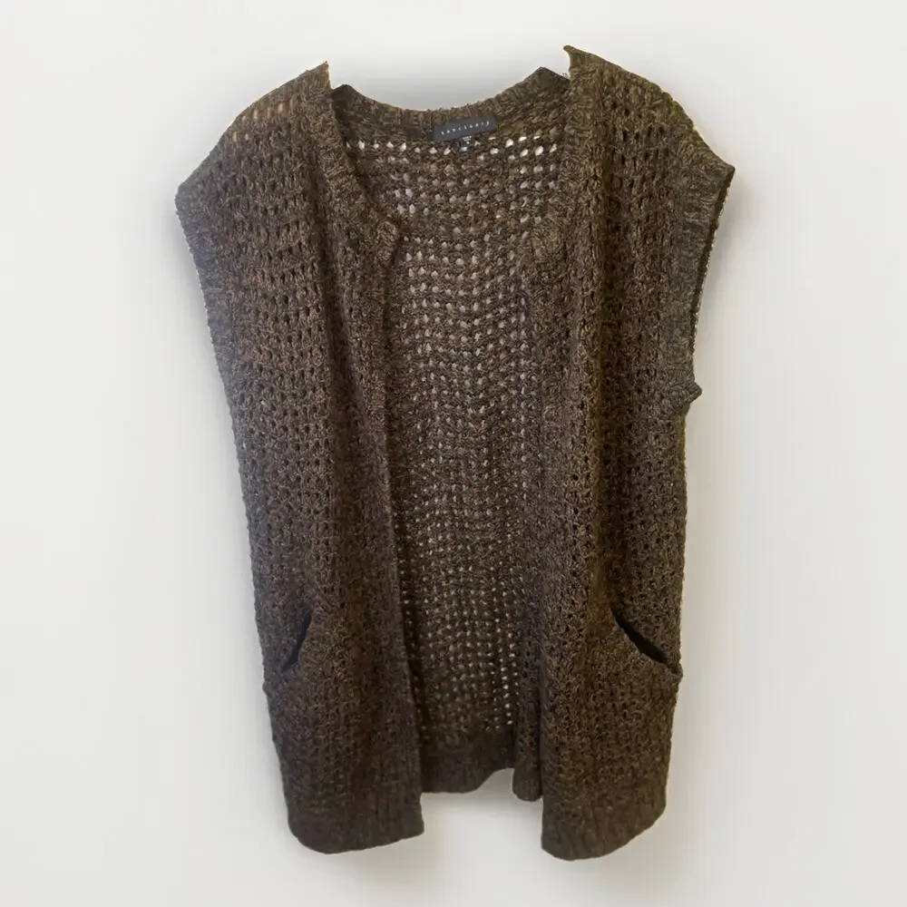 Sanctuary Crochet Brown Open Front Cardigan Long Boho Sleeveless Small